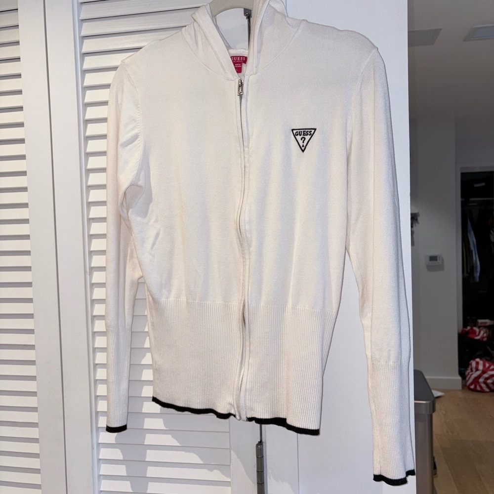 Guess Ivory Zip-Up Hoodie with Black Accents